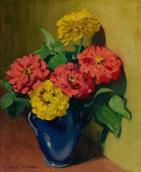 Zinnias in a Blue Vase